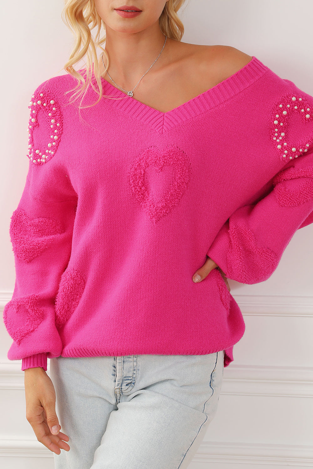 Rose red pearl embellished fuzzy hearts v neck sweater - l / 85% viscose + 15% polyamide - sweaters & cardigans