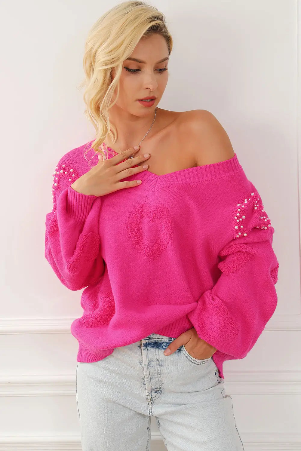 Rose red pearl embellished fuzzy hearts v neck sweater - sweaters & cardigans