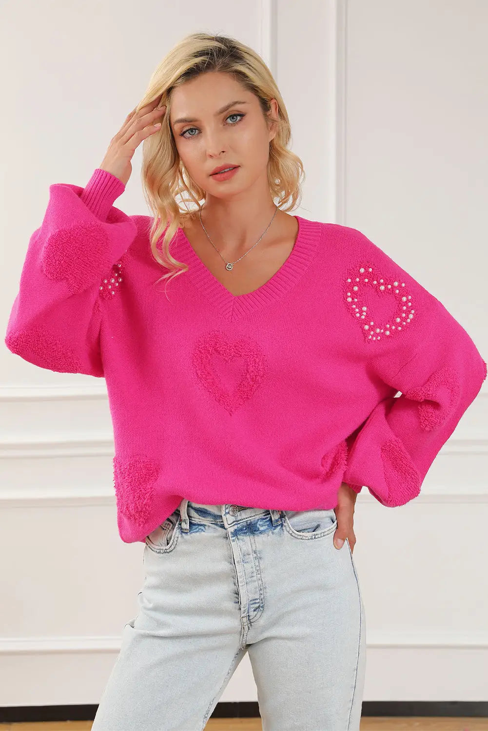 Rose red pearl embellished fuzzy hearts v neck sweater - sweaters & cardigans