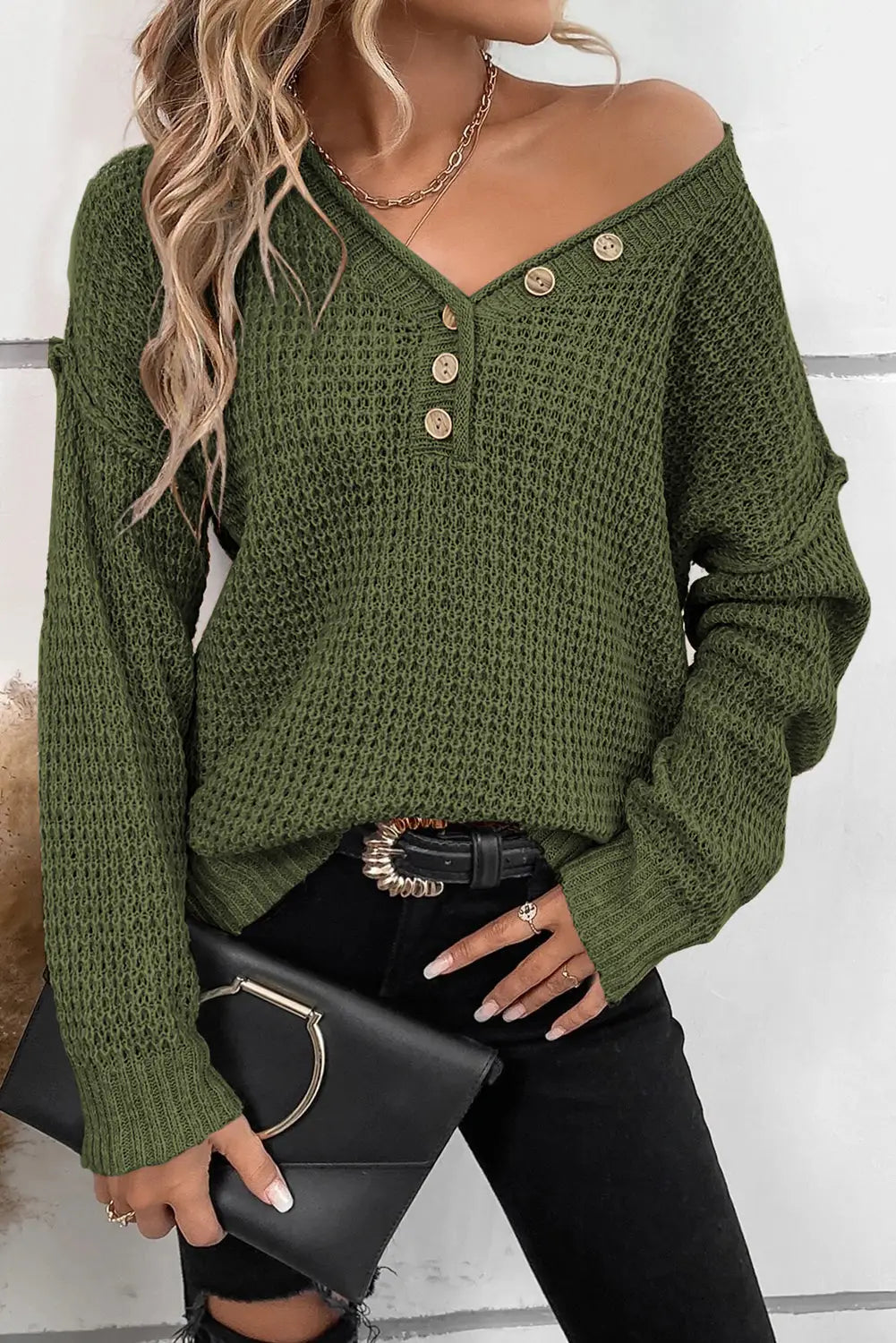 Rose red pointelle knit button v neck drop shoulder sweater - pickle green / s / 55% acrylic + 45% cotton - sweaters &