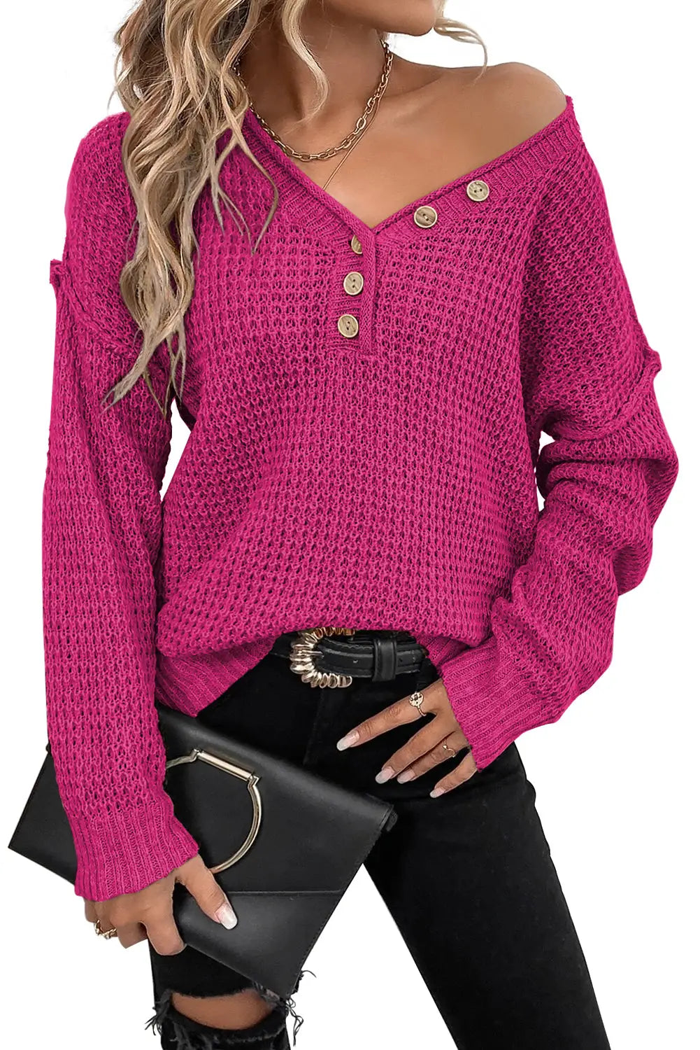 Rose red pointelle knit button v neck drop shoulder sweater - sweaters & cardigans