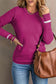 Rose red ribbed trim crew neck long sleeve sweater - sweaters & cardigans