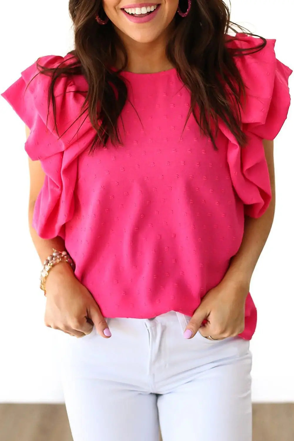 Rose red ruffled sleeve swiss dot blouse - s / 100% polyester - short blouses