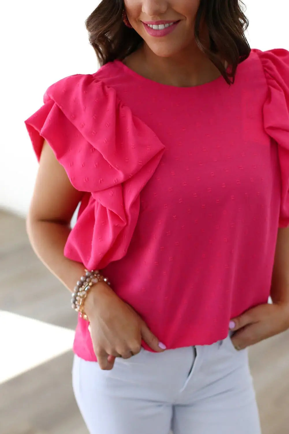Rose red ruffled sleeve swiss dot blouse - short blouses