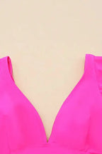 Rose Red Ruffled V Neck Swim Top - Fashionfitz