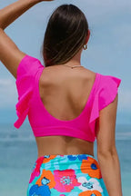 Rose Red Ruffled V Neck Swim Top - Fashionfitz