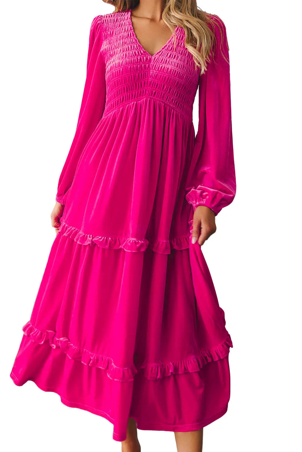Rose red shirred v neck long sleeve velvet dress - maxi dresses