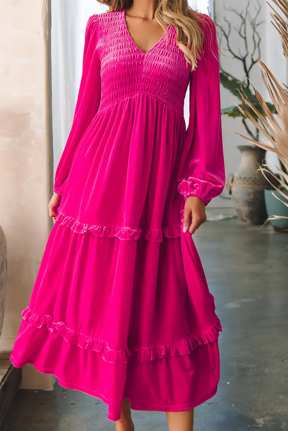 Rose red shirred v neck long sleeve velvet dress - maxi dresses