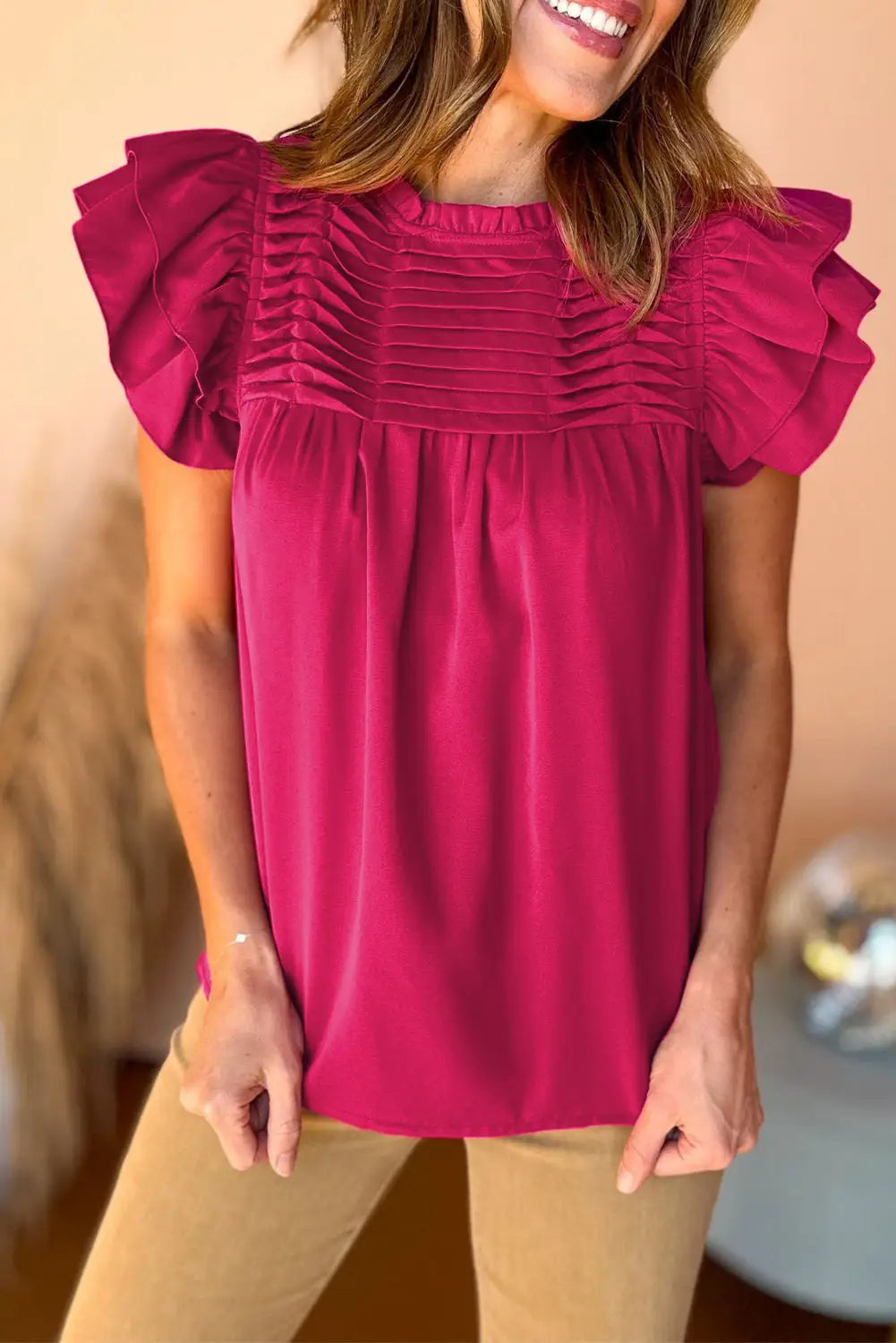 Rose red smocked ruffle sleeve blouse - s / 100% polyester - tops/blouses & shirts