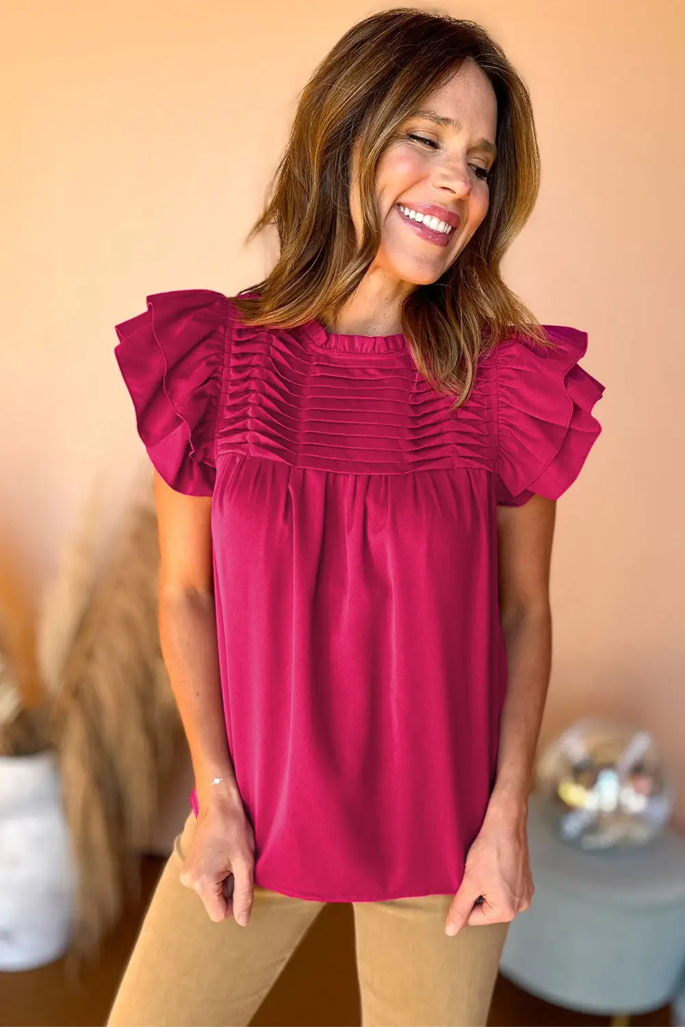 Rose red smocked ruffle sleeve blouse - tops/blouses & shirts