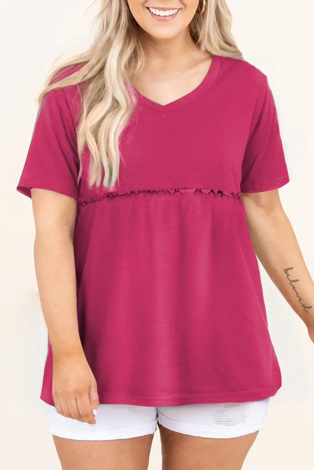Rose red solid short sleeve flowy plus size top - 1x / 65% polyester + 30% viscose + 5% elastane