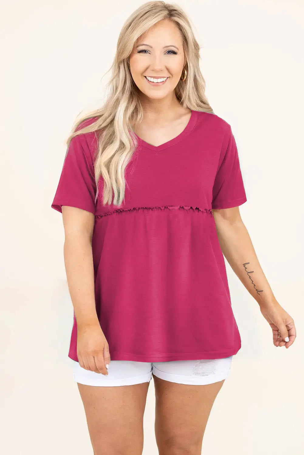 Rose red solid short sleeve flowy plus size top