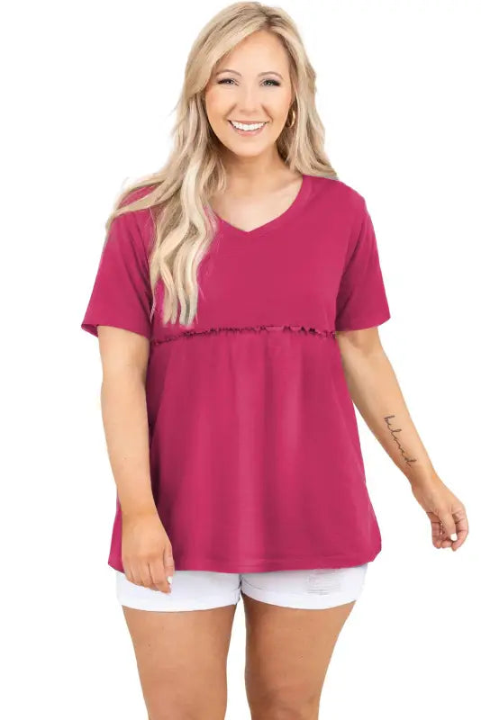 Rose red solid short sleeve flowy plus size top