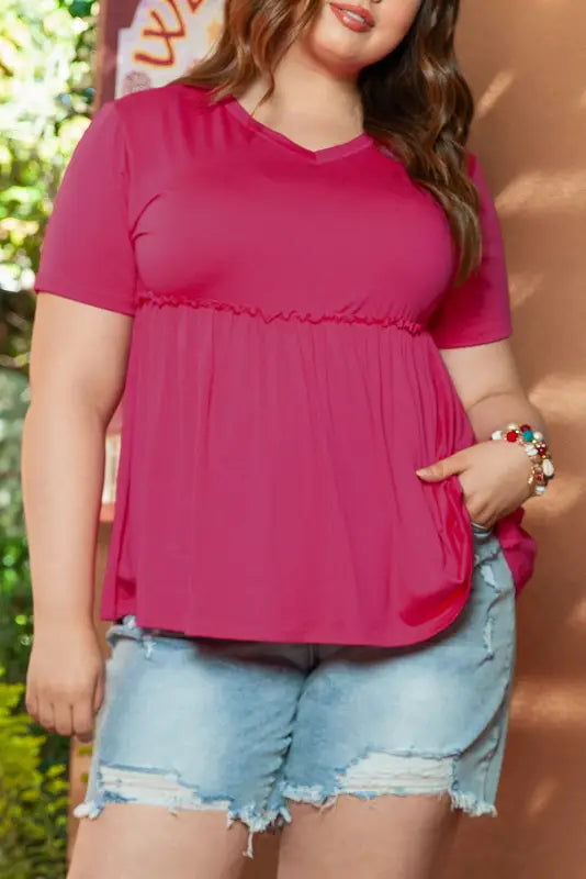 Rose red solid short sleeve flowy plus size top