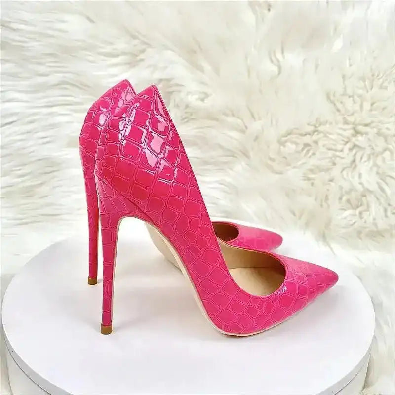Angled rear view of Rose Red High Heels with glossy PU leather and stiletto silhouette, ideal for standout women's apparel accessories.