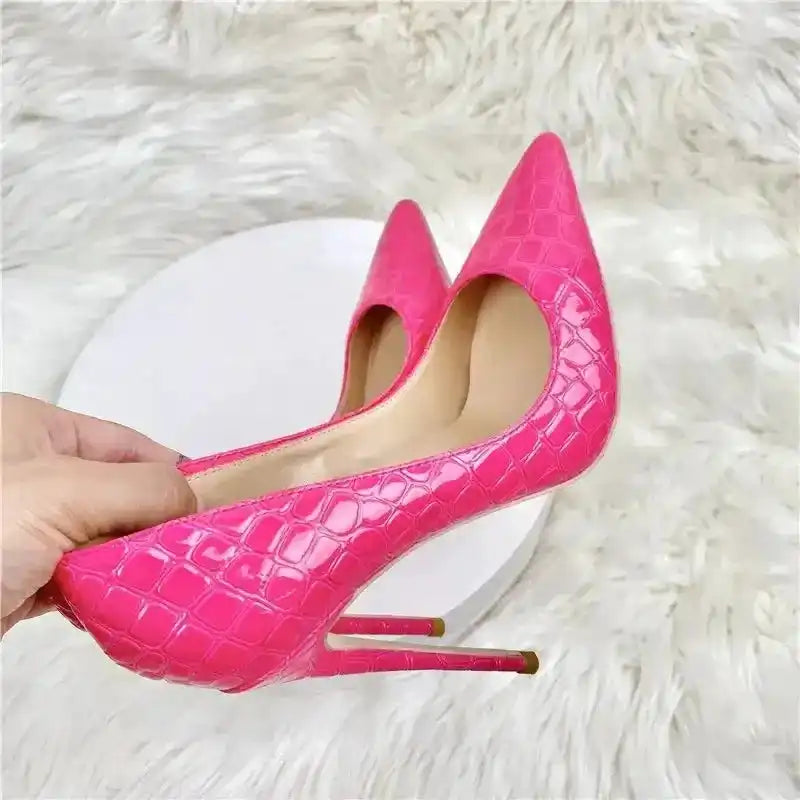 Close-up of Rose Red Stiletto Heels showing detailed crocodile pattern and high heel structure, perfect for chic and confident looks.