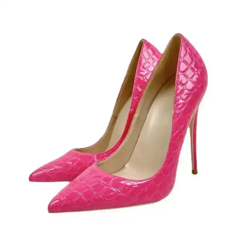 Pair of Rose Red Stiletto Heels with pointed toe and slip-on style, crafted for fashion-forward women in the pumps shoe category.