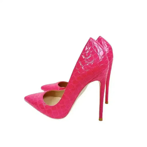 Rose Red Stiletto Heels with crocodile texture and pointed toe design, perfect for standout fashion in women's pumps category.