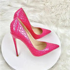 Side angle of Rose Red Slip-On Stiletto Heels with high arch and textured PU leather, designed for bold and stylish female outfits.