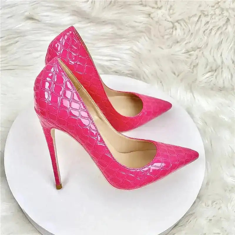 Side angle of Rose Red Slip-On Stiletto Heels with high arch and textured PU leather, designed for bold and stylish female outfits.