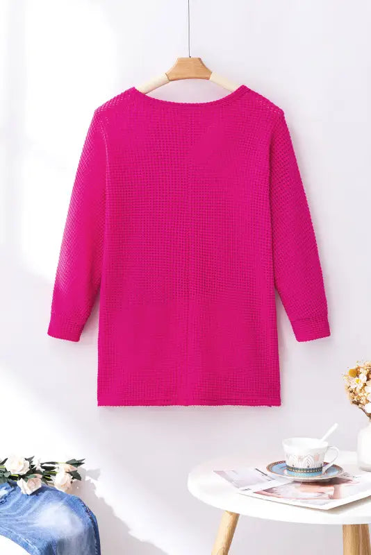 Rose red textured center seam long sleeve split top - tops