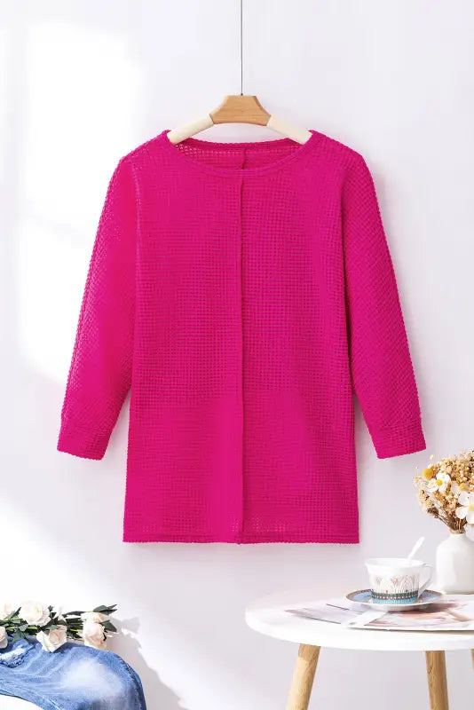 Rose red textured center seam long sleeve split top - tops