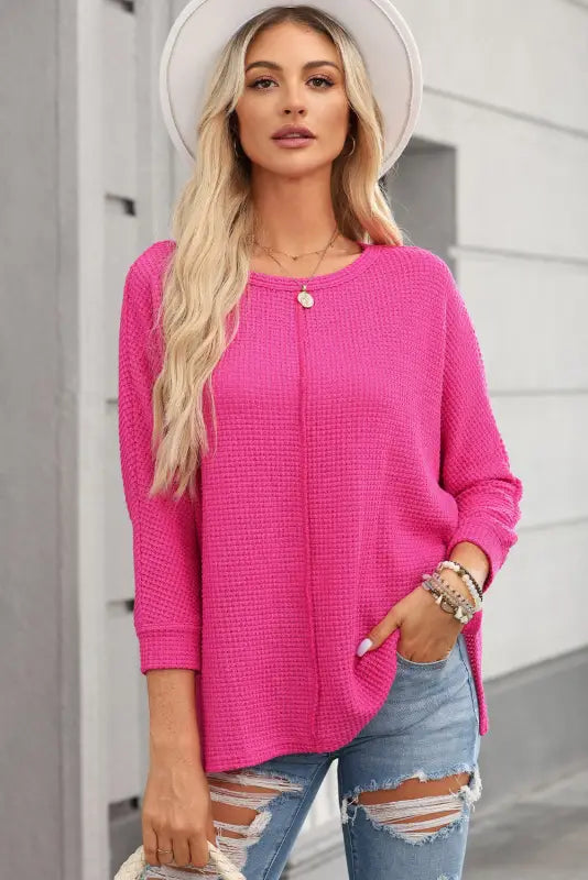 Rose red textured center seam long sleeve split top - tops