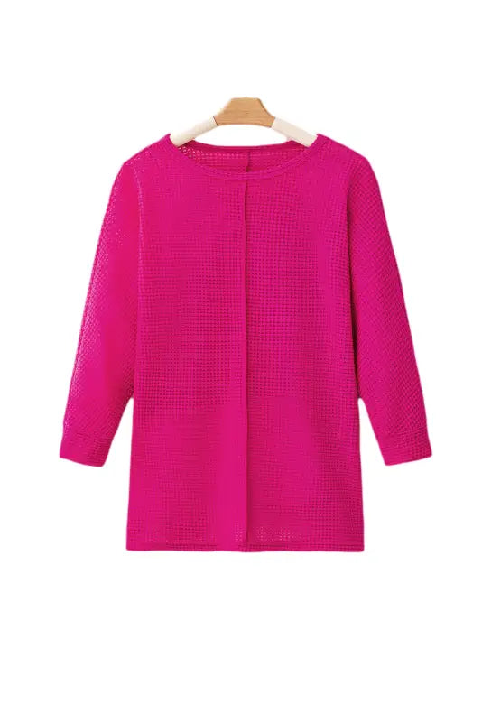 Rose red textured center seam long sleeve split top - tops