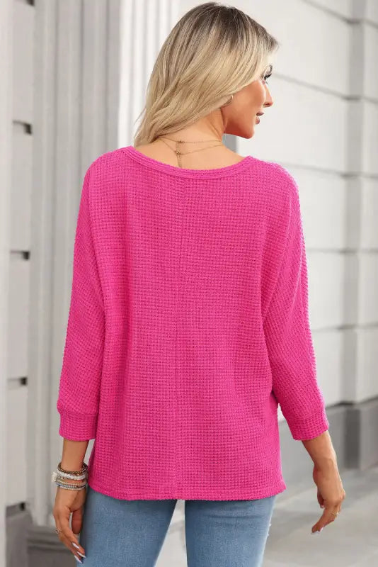 Rose red textured center seam long sleeve split top - tops