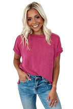 Textured Knit T-shirt - Rose Red - Fashionfitz