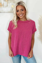 Textured Knit T-shirt - Rose Red - Fashionfitz