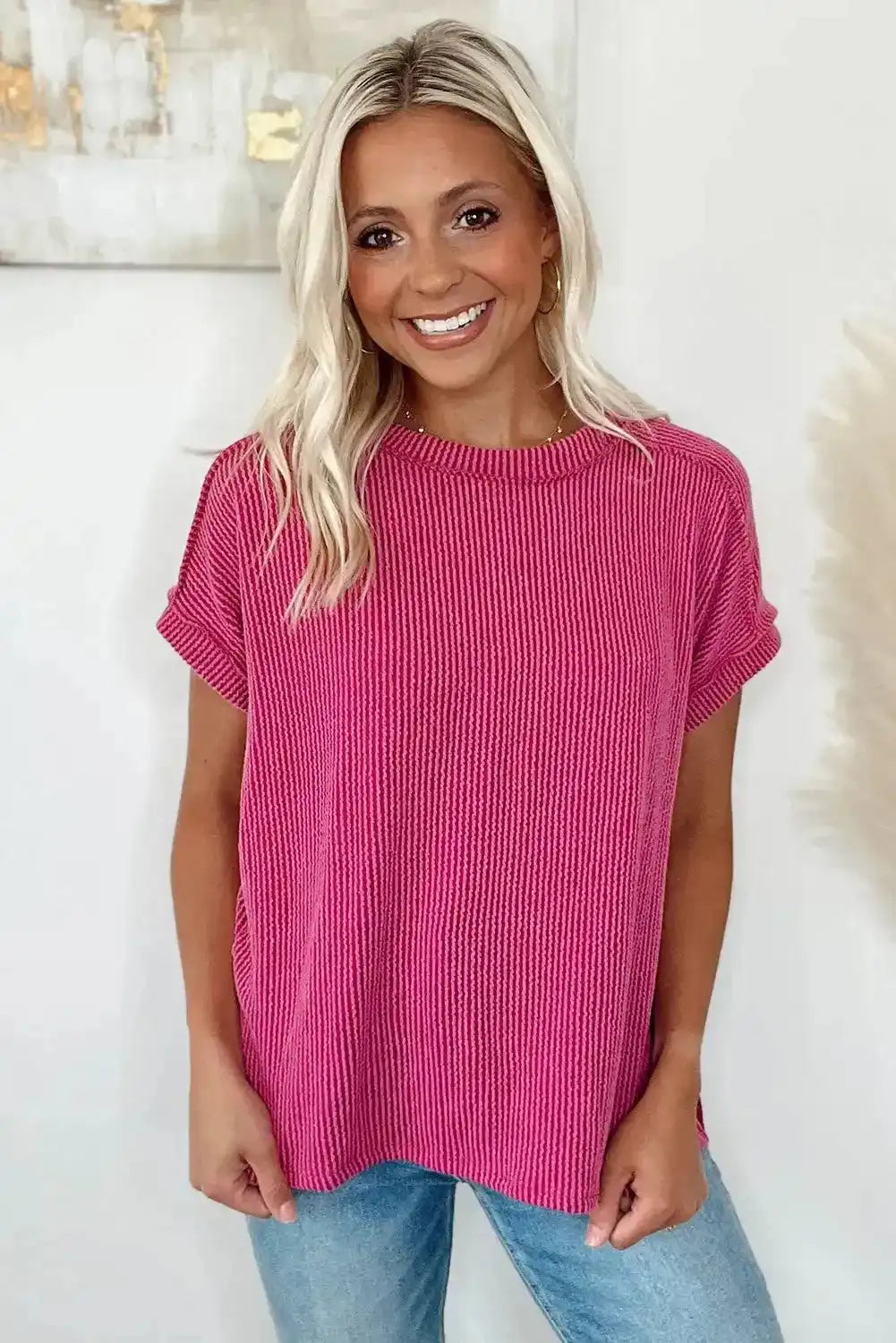 Women's Rose Red Knit T-shirt featuring solid color texture and relaxed fit, perfect for casual daily wear.