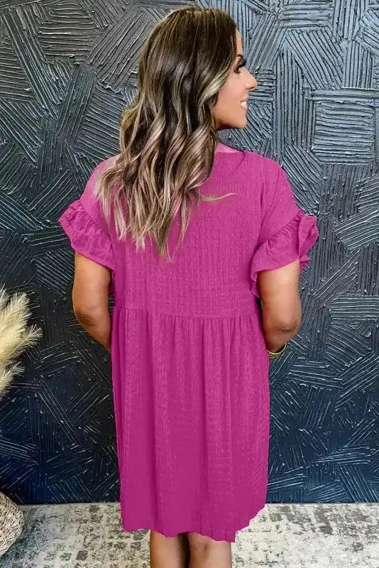 Rose red waffle knit textured shift dress with round neckline and relaxed fit, side view, Fashionfitz