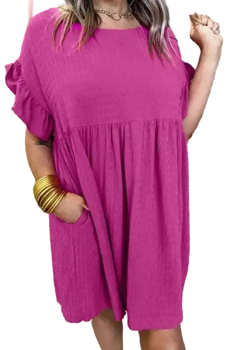 Woman wearing rose red waffle knit shift dress with ruffled cap sleeves, front view, Fashionfitz UK