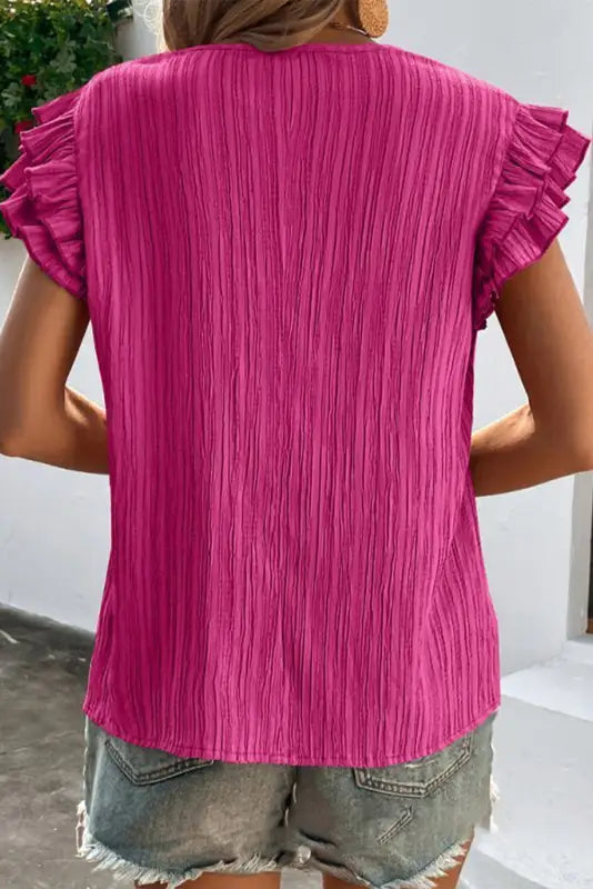 Rose red textured ruffled sleeve v neck top - tops/blouses & shirts