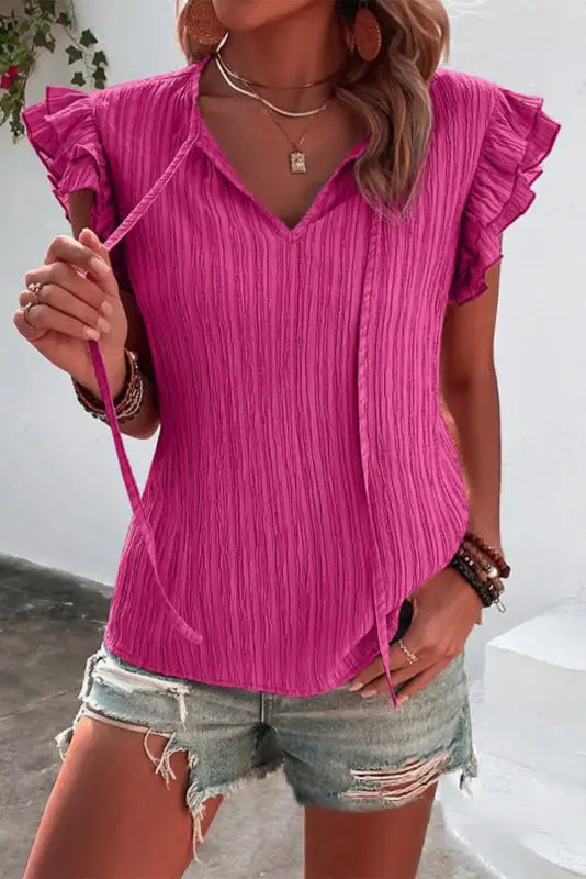 Rose red textured ruffled sleeve v neck top - s / 67% polyester + 30% viscose + 3% elastane - tops/blouses & shirts