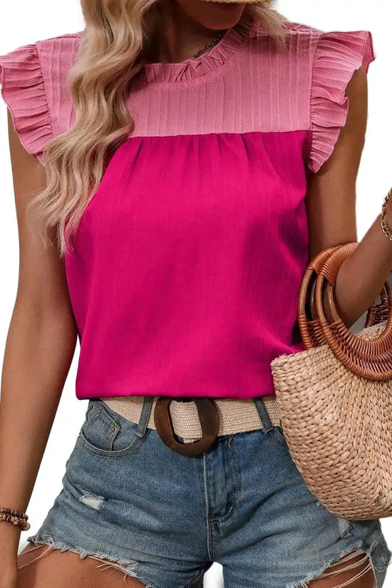 Rose Red Ruffled Flutter Sleeve Blouse styled with high-waisted shorts and accessories, ideal for trendy summer wear.