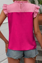 Rose Red Two Tone Blouse - Ruffled Flutter Sleeve - Fashionfitz