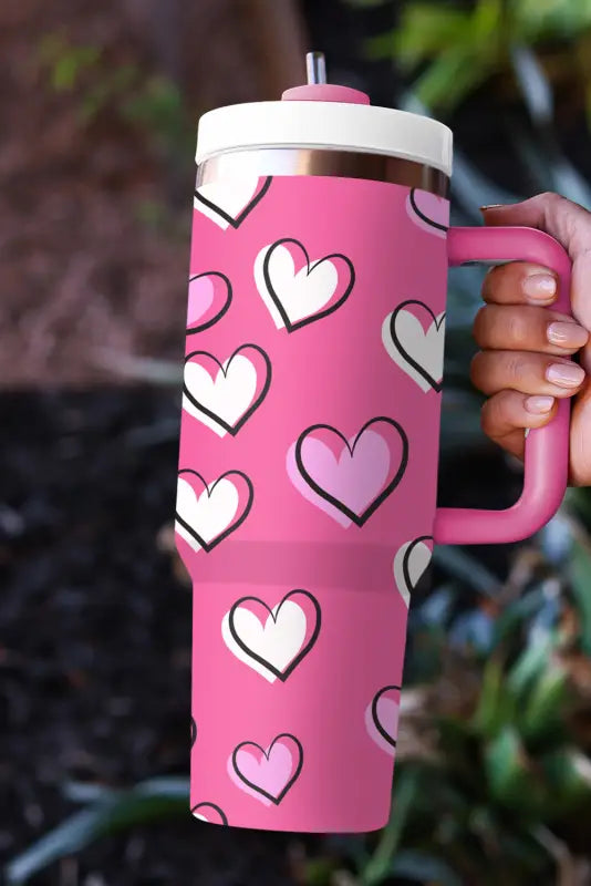 Rose red valentines heart printed thermos cup with handle