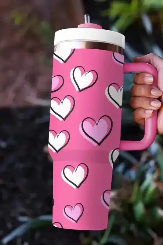 Rose Red Valentines Heart Printed Thermos Cup with Handle 1200ml - Fashionfitz