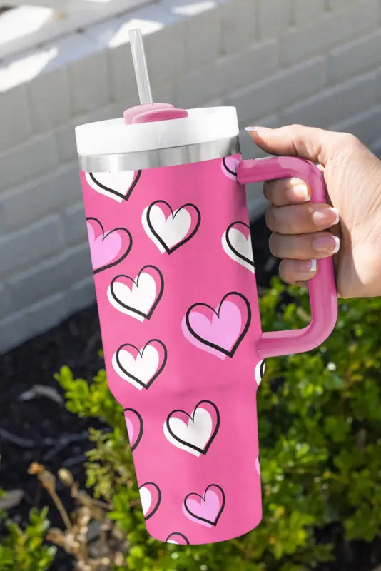 Rose red valentines heart printed thermos cup with handle