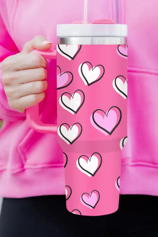 Rose red valentines heart printed thermos cup with handle