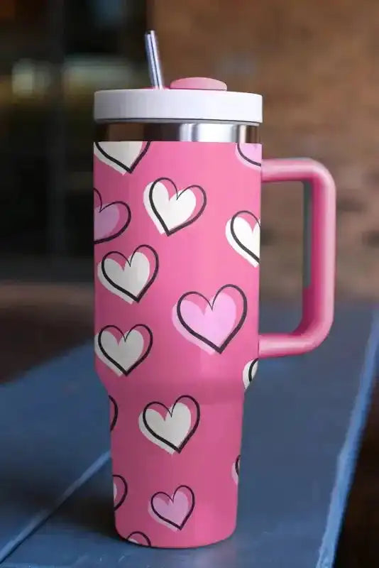 Rose Red Valentines Heart Printed Thermos Cup with Handle 1200ml - Fashionfitz