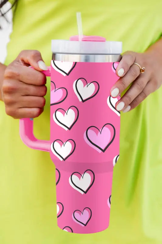 Rose red valentines heart printed thermos cup with handle