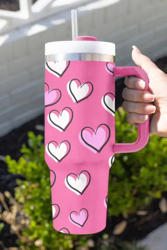 Rose red valentines heart printed thermos cup with handle