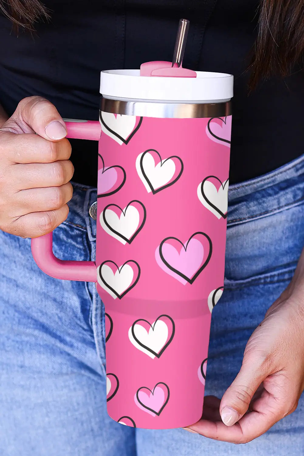 Rose red valentines heart printed thermos cup with handle 1200ml - one size / 100% alloy - tumblers