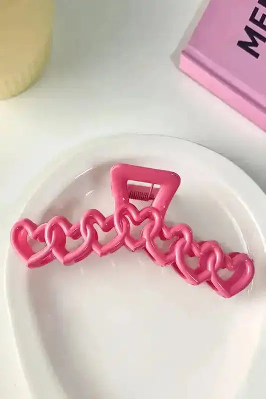 Rose Red Valentines Heart Shaped Large Hair Claw by Fashionfitz on a white plate, featuring interlinked heart design for romantic styling.