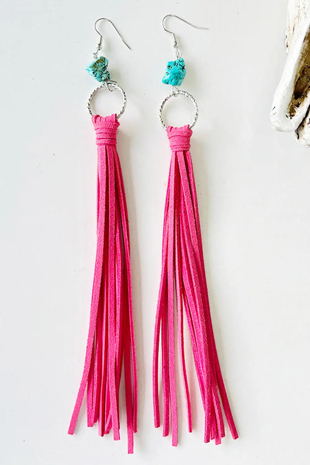 Rose red western turquoise o-ring tassel earrings - one size / 100% alloy
