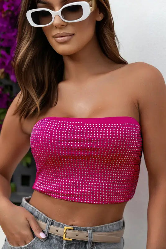 Rose rhinestone tube crop top - tops