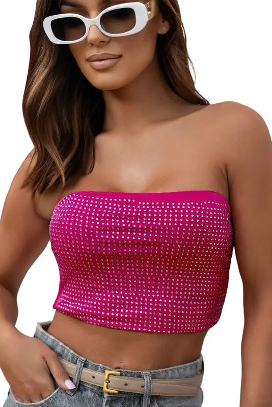 Rose rhinestone tube crop top - tops